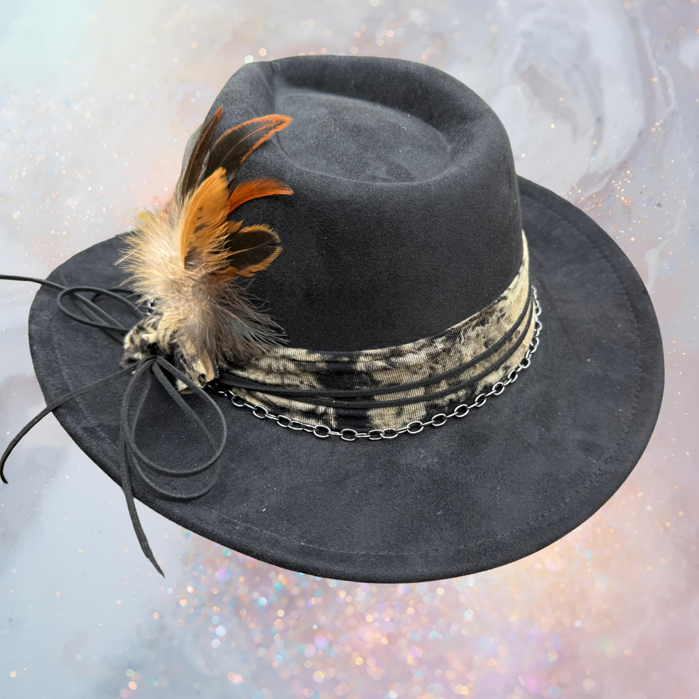 Fancy Lady - Black Faux Suede Fedora Hat with Feather Accent | Adjustable Boho Western Boutique Hat