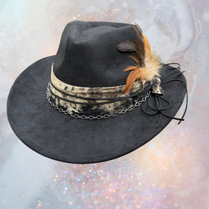 Fancy Lady - Black Faux Suede Fedora Hat with Feather Accent | Adjustable Boho Western Boutique Hat
