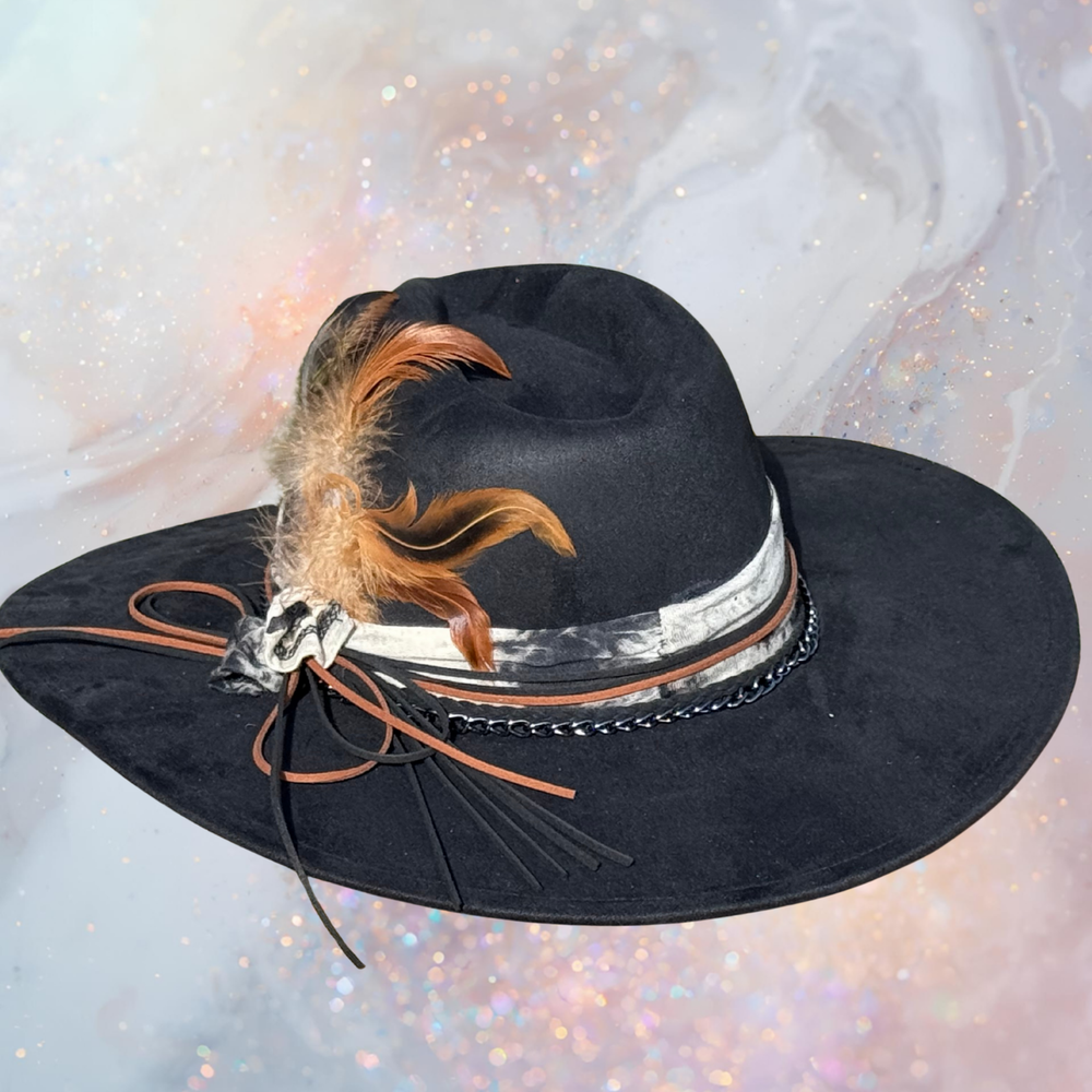 Fancy Lady - Black Faux Suede Flat Brim Hat with Feather Accent | Adjustable Western-Inspired Boho Hat