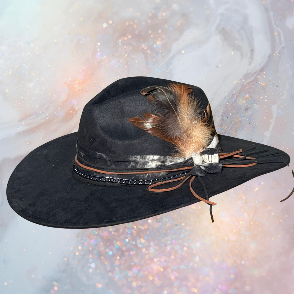 Fancy Lady - Black Faux Suede Flat Brim Hat with Feather Accent | Adjustable Western-Inspired Boho Hat