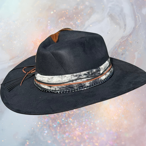 Fancy Lady - Black Faux Suede Flat Brim Hat with Feather Accent | Adjustable Western-Inspired Boho Hat