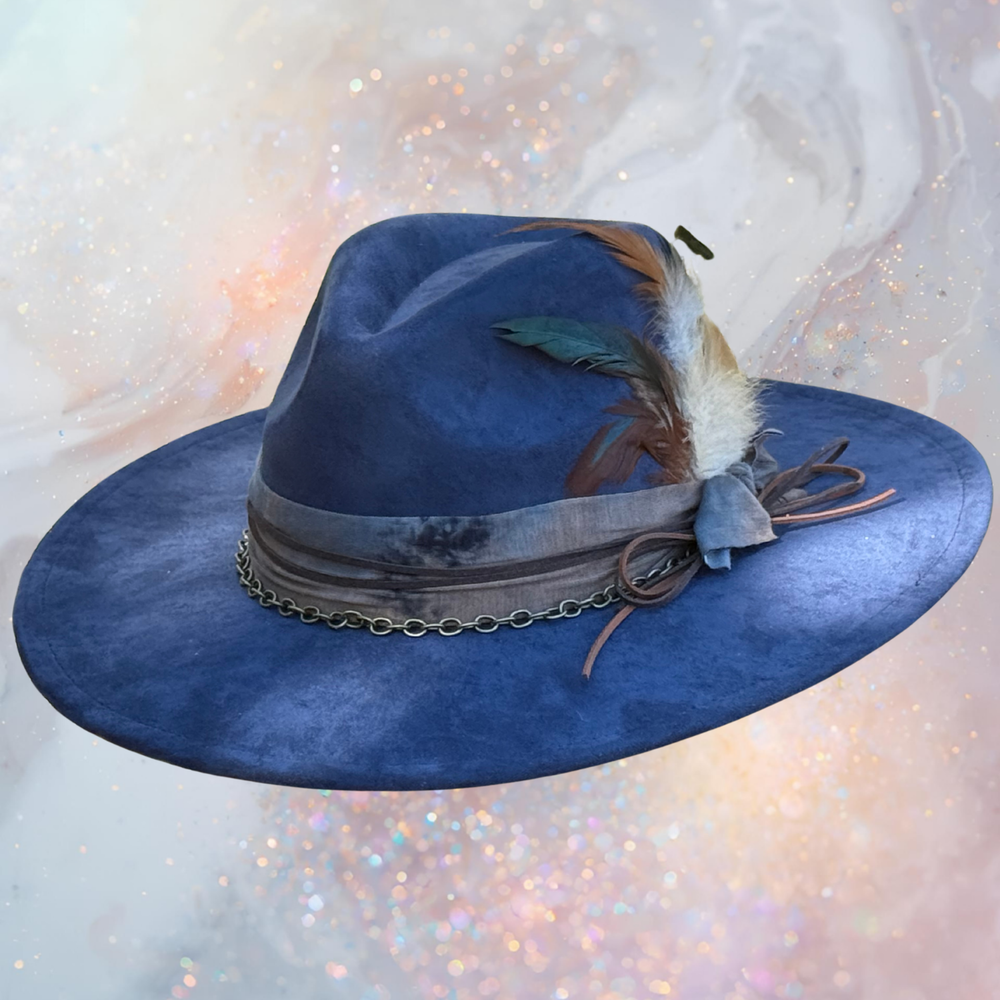 Fancy Lady - Blue Faux Suede Flat Brim Hat with Feather Accent | Adjustable Western-Inspired Boho Hat