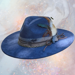 Fancy Lady - Blue Faux Suede Flat Brim Hat with Feather Accent | Adjustable Western-Inspired Boho Hat