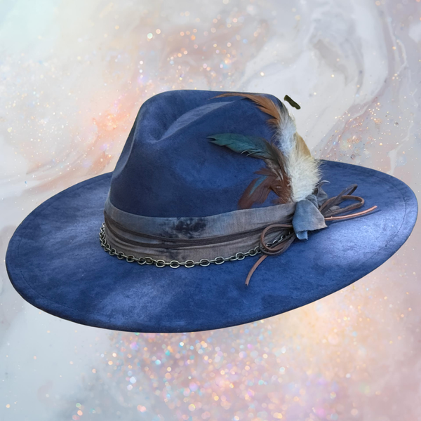 Fancy Lady - Blue Faux Suede Flat Brim Hat with Feather Accent | Adjustable Western-Inspired Boho Hat