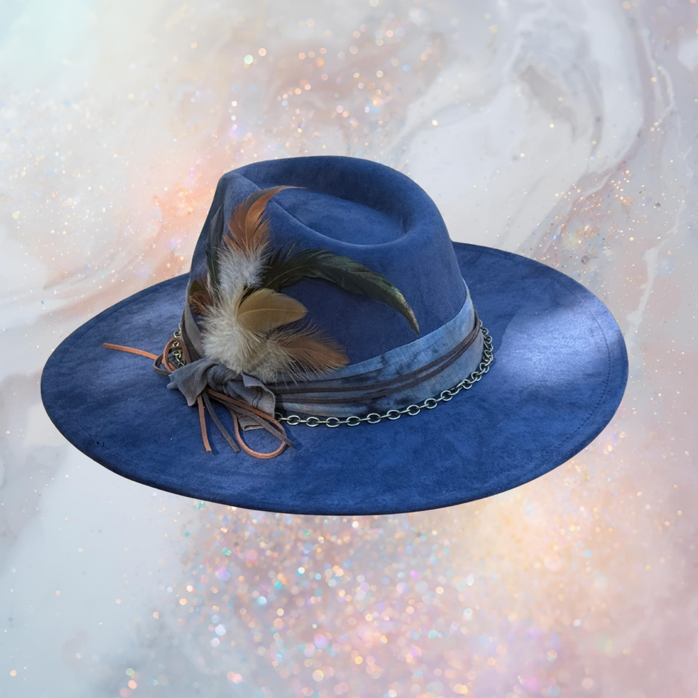 Fancy Lady - Blue Faux Suede Flat Brim Hat with Feather Accent | Adjustable Western-Inspired Boho Hat