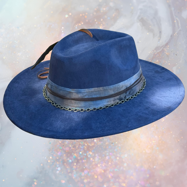Fancy Lady - Blue Faux Suede Flat Brim Hat with Feather Accent | Adjustable Western-Inspired Boho Hat