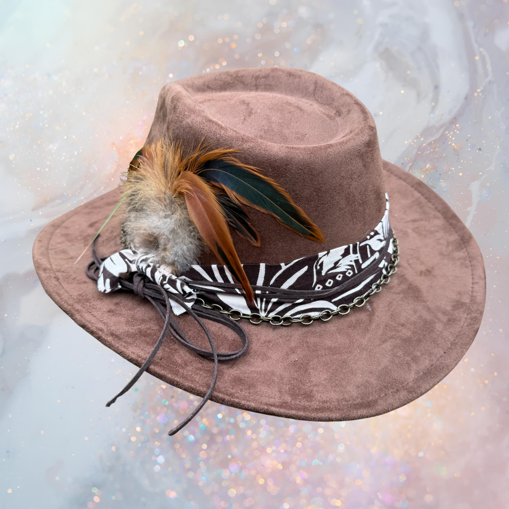 Fancy Lady - Brown Faux Suede Fedora Hat with Feather Accent | Adjustable Boho Western Boutique Hat