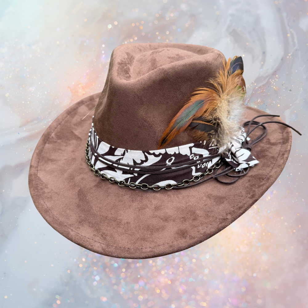Fancy Lady - Brown Faux Suede Fedora Hat with Feather Accent | Adjustable Boho Western Boutique Hat