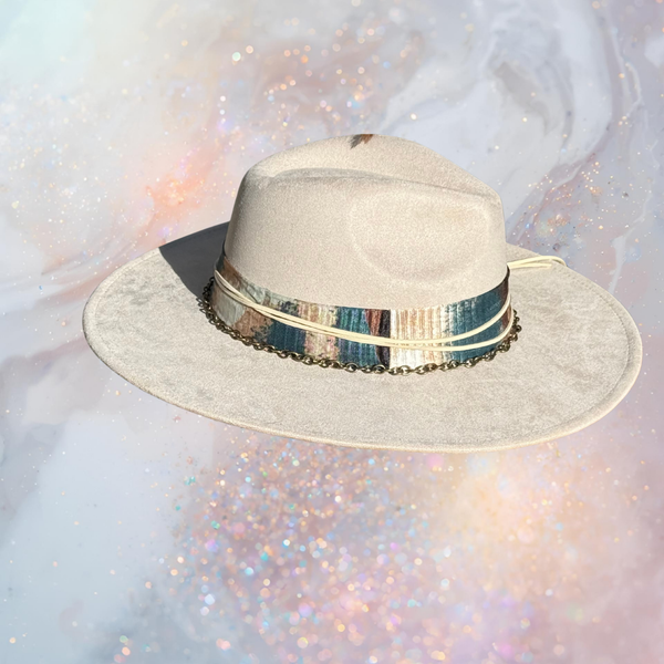Fancy Lady - Cream Faux Suede Flat Brim Hat with Feather Accent | Adjustable Western-Inspired Boho Hat