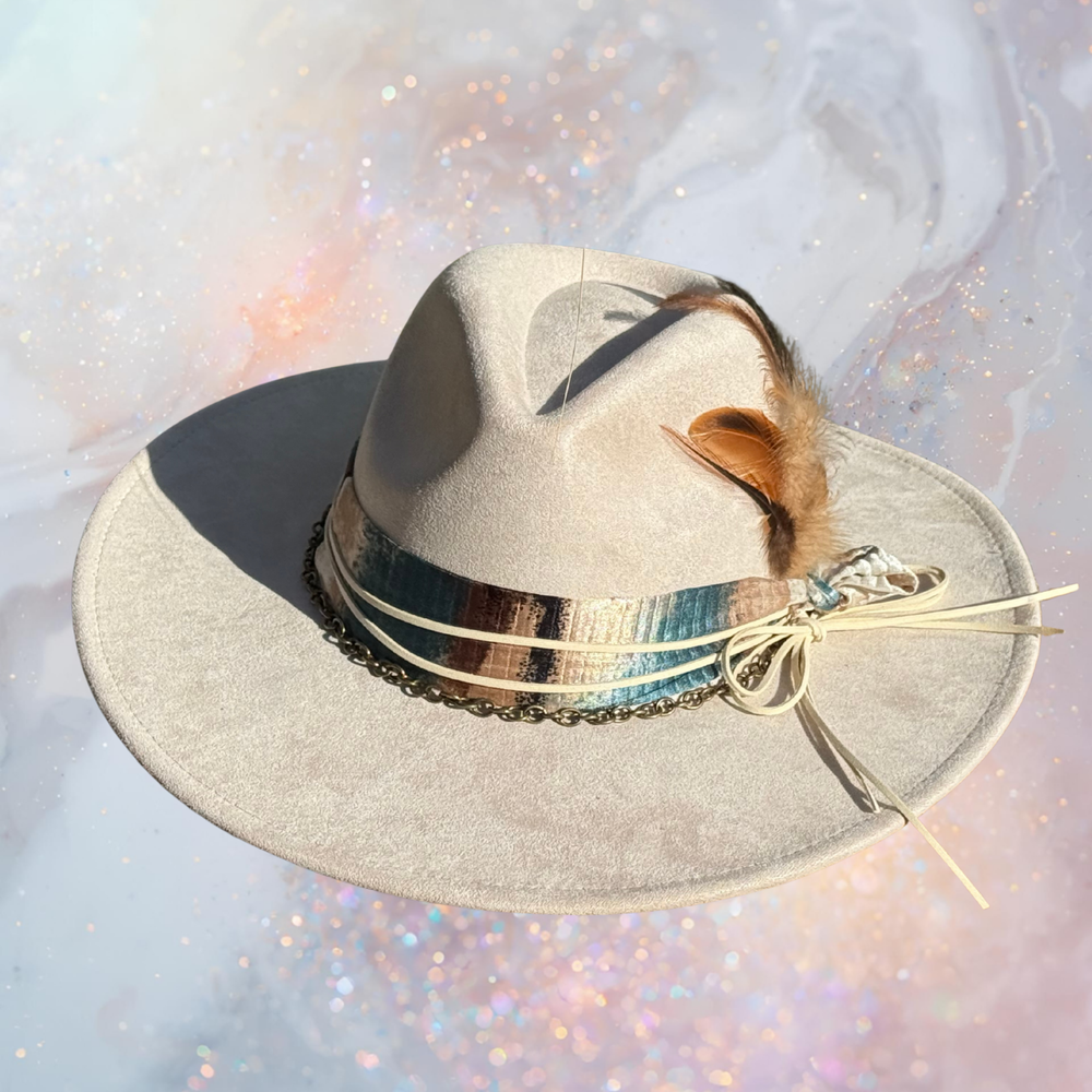 Fancy Lady - Cream Faux Suede Flat Brim Hat with Feather Accent | Adjustable Western-Inspired Boho Hat
