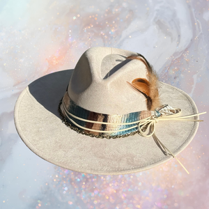 Fancy Lady - Cream Faux Suede Flat Brim Hat with Feather Accent | Adjustable Western-Inspired Boho Hat