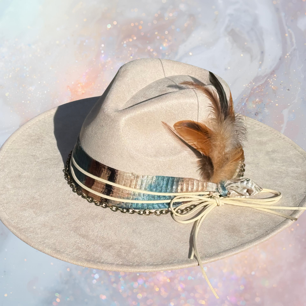 Fancy Lady - Cream Faux Suede Flat Brim Hat with Feather Accent | Adjustable Western-Inspired Boho Hat
