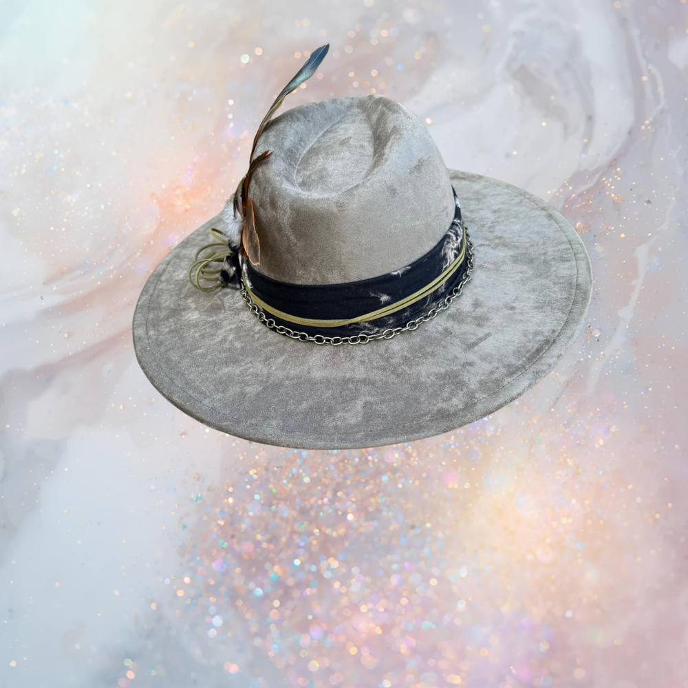Fancy Lady - Olive Faux Suede Flat Brim Hat with Feather Accent | Adjustable Western-Inspired Boho Hat