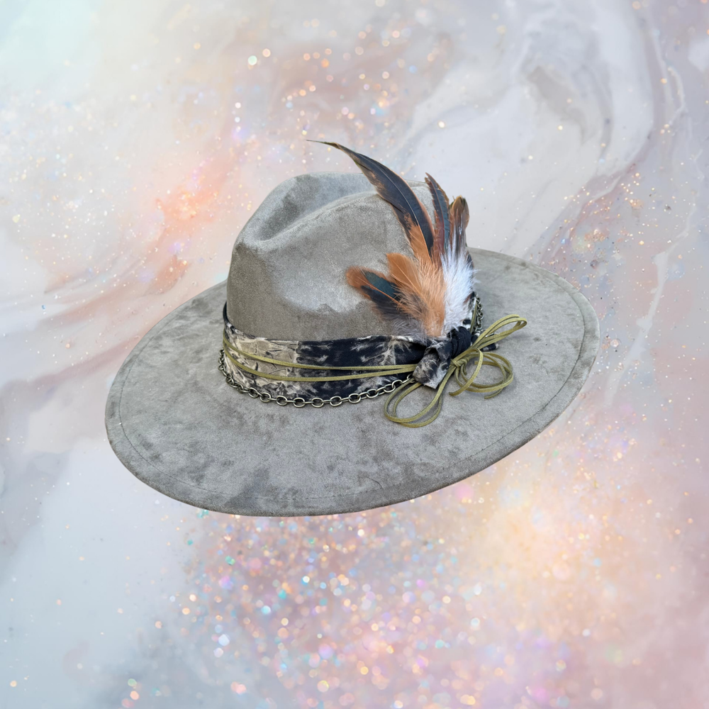 Fancy Lady - Olive Faux Suede Flat Brim Hat with Feather Accent | Adjustable Western-Inspired Boho Hat