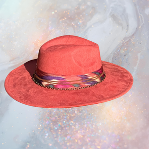Fancy Lady - Coral Faux Suede Flat Brim Hat with Feather Accent | Adjustable Western-Inspired Boho Hat