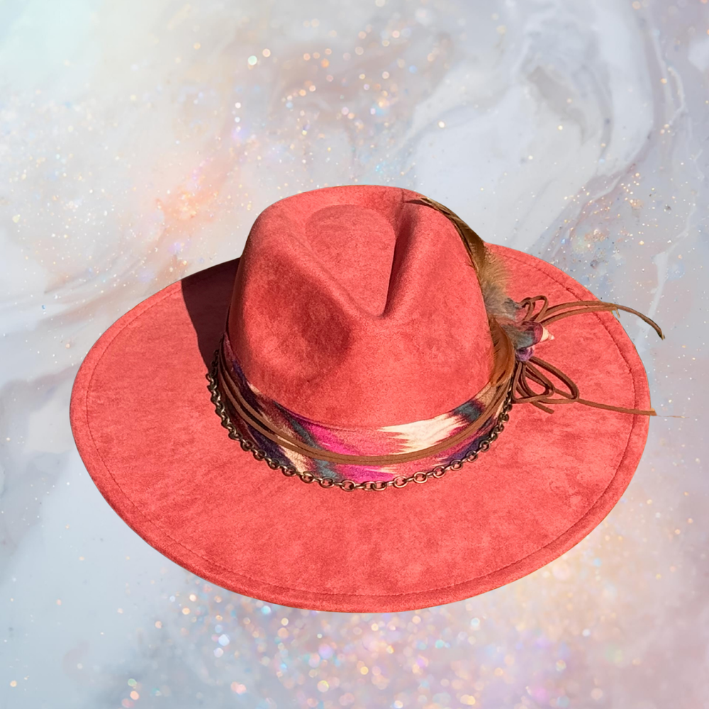 Fancy Lady - Coral Faux Suede Flat Brim Hat with Feather Accent | Adjustable Western-Inspired Boho Hat