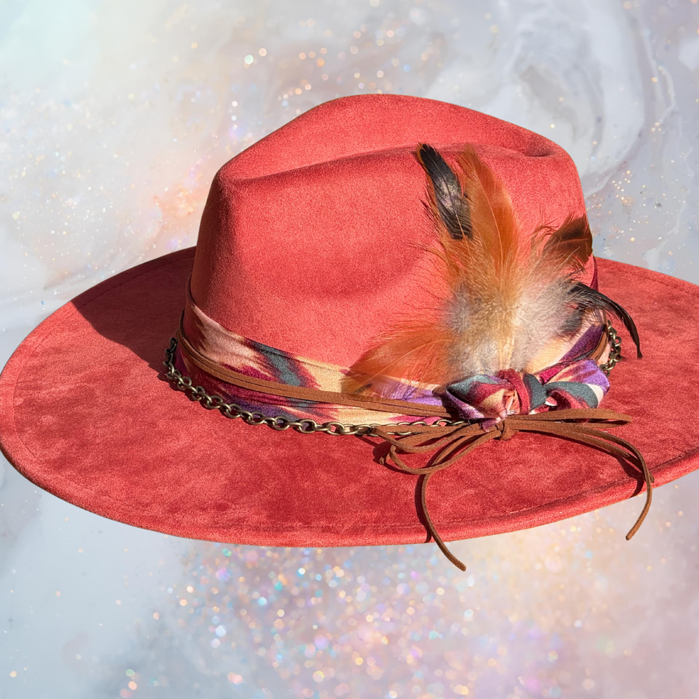Fancy Lady - Coral Faux Suede Flat Brim Hat with Feather Accent | Adjustable Western-Inspired Boho Hat
