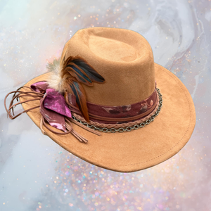Fancy Lady - Tan Faux Suede Fedora Hat with Feather Accent | Adjustable Boho Western Boutique Hat