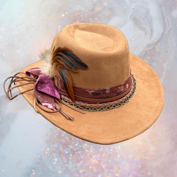 Fancy Lady - Tan Faux Suede Fedora Hat with Feather Accent | Adjustable Boho Western Boutique Hat