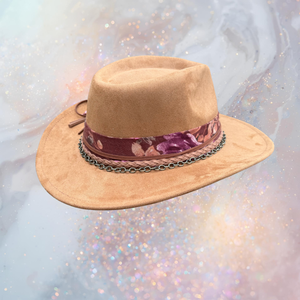 Fancy Lady - Tan Faux Suede Fedora Hat with Feather Accent | Adjustable Boho Western Boutique Hat
