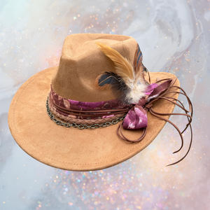 Fancy Lady - Tan Faux Suede Fedora Hat with Feather Accent | Adjustable Boho Western Boutique Hat